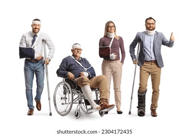 Group of injured people with crutches and a wheelchair isolated on white background