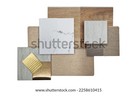group of interior material samples including brushed stainless, copper aluminium, bronze laminated, stone tile, wooden flooring tile, marble quartz, veneer isolated on background with clipping path.