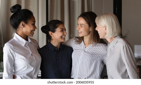 Group Of Interns And Teacher Celebrating Success, Training Completion, Hiring, Career Start, Talking, Hugging, Laughing, Having Fun. Happy United Female Business Team Members, Company Staff Portrait