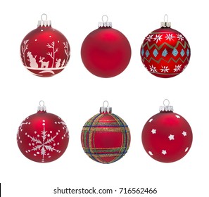 Group of isolated red christmas baubles with different decorations