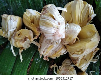 Group Of Jackfruit Aril On Green Banana Leaf For Go On Peeling