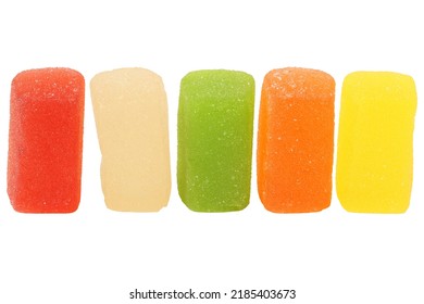 group of jelly candies isolated on white background. Multicolored marmalade.	