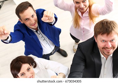 Group Of Joyful Happy People In Suits Celebrate Win With Arms Up. White Collar Leadership, Sale Result, Feel Fun, Good News, Profit Bargain, Initiative Achievement, Corporate Life Style, Deal Concept