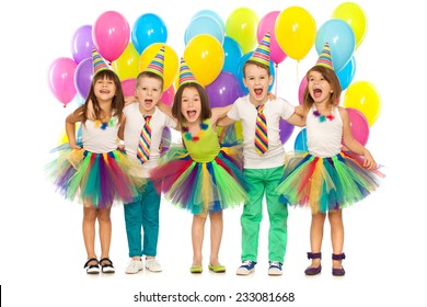 Group Of Joyful Little Kids Having Fun At Birthday Party. Isolated On White Background. Holidays, Birthday Concept.