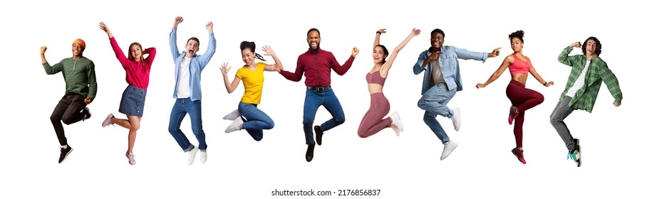 Group of joyful multicultural young people jumping over white background, full length shot of diverse happy carefree multiethnic men and women having fun, expressing positive emotions, panorama - Shutterstock ID 2176856837