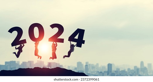 Group of jumping multinational people. 2024 New Year concept. New year's card 2024. Wide angle visual for banners or advertisements.