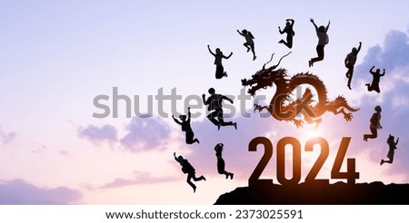 Group of jumping multinational people and a dragon. 2024 New Year concept. New year's card 2024. Wide angle visual for banners or advertisements.