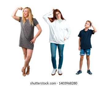 Group of Kid, young girl and Middle age blonde woman with grey dress having doubts and with confuse face expression while scratching head - Powered by Shutterstock