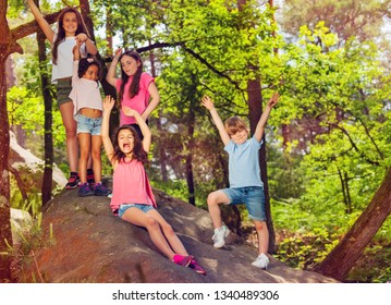 Group Kids Cheering Standing On Stone Stock Photo 1340489306 | Shutterstock