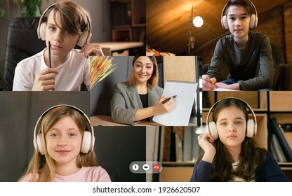 Group of kids, class studying by group video call, use video conference with each other and teacher. PC screen view with application ad. Easy, comfortable usage concept, education, online, childhood.