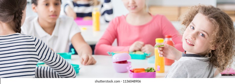 Group Kids Eating Vegetables Lunch School Stock Photo 1136048906