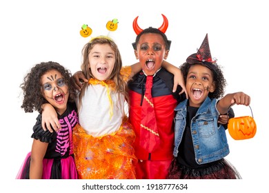 Group Of Kids In Halloween And Carnaval Costumes Isolated