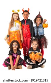 Group Of Kids In Halloween And Carnaval Costumes Isolated