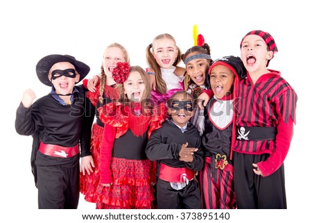 group of kids on halloween isolated in white