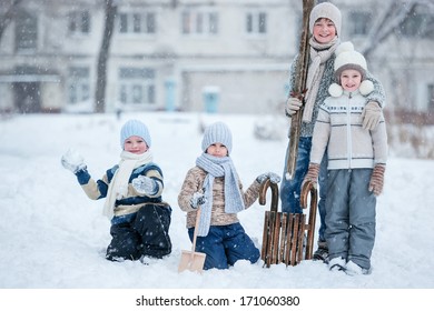 Group Of Kids Playing In The Snow In Winter Clear Day