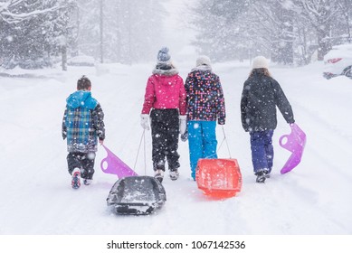 A Group Kids Pulling Toboggans/sleds Down A Snow Covered Winter Neighborhood Street During A Snow Storm/on A Snow Day.