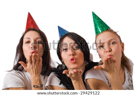 group of kissing girls in fool cap isolated over white with clipping path