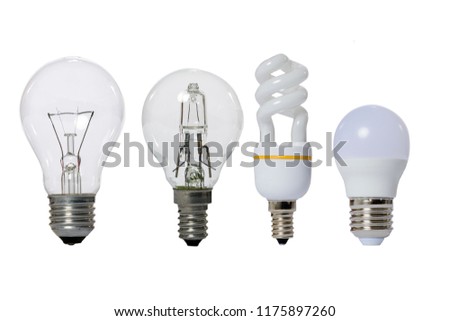 Group of lamps on a white background: led, fluorescent, incandescent, halogen with opaque glass bulb and E27 socket.