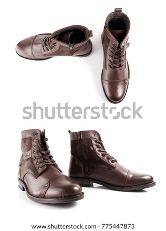 Group of  leather boot on white background, isolated product.