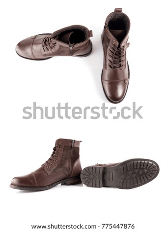 Group of  leather boot on white background, isolated product.
