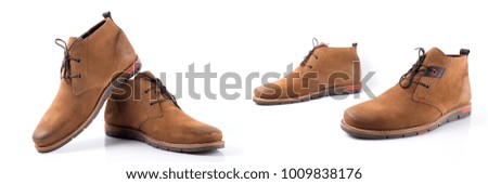 Group of leather shoes on white background, isolated product, comfortable footwear.