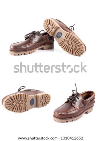 Group of leather shoes on white background, isolated product, comfortable footwear.