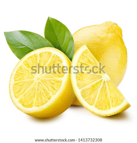 Group of lemons with leaves, isolated on white background