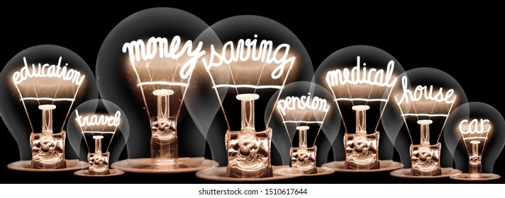 Group light bulbs with shining fibers in a shape of Money Saving related words isolated on black background. Concept Investment, Mortgage and Insurance. - Shutterstock ID 1510617644