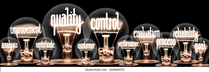 Group of light bulbs with shining fibers in a shape of Quality Control, Evaluation, Reliability, Improvement and Process concept related words isolated on black background.