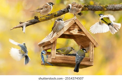 Group of little birds feeding on a bird feeder with sunflower seeds on autumn background. Great tit, blue tit, sparrow, greenfinch - Powered by Shutterstock