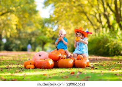 Group Of Little Children Enjoying Harvest Festival Celebration At Pumpkin Patch. Kids Picking And Carving Pumpkins At Country Farm On Warm Autumn Day. Halloween And Thanksgiving Time Fun For Family.