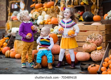 Group Of Little Children Enjoying Harvest Festival Celebration At Pumpkin Patch. Kids Picking And Carving Pumpkins At Country Farm On Warm Autumn Day. Halloween And Thanksgiving Time Fun For Family