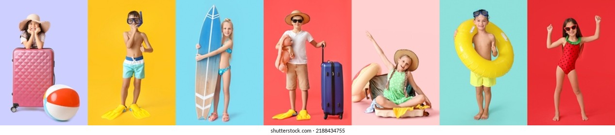 Group of little children with inflatable ring, surfboard, snorkeling gear and suitcases on color background - Powered by Shutterstock