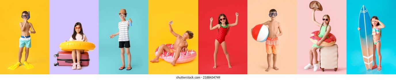 Group of little children with inflatable rings, ball, surfboard, sunscreen, snorkeling gear and suitcases on color background - Powered by Shutterstock