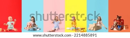 Group of little children with toys on color background