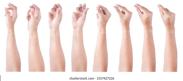 GROUP of Male asian hand gestures isolated over the white background. Hand Grab Thing with Two and Three fingers Action. - Shutterstock ID 1557427226