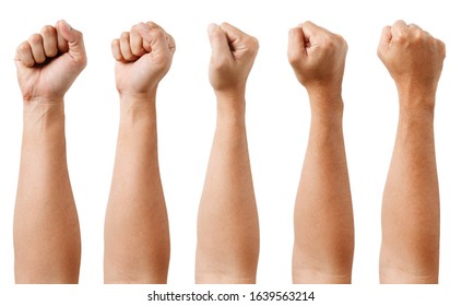 GROUP of Male asian hand gestures isolated over the white background. Grab with five fingers Action. Fist. - Shutterstock ID 1639563214