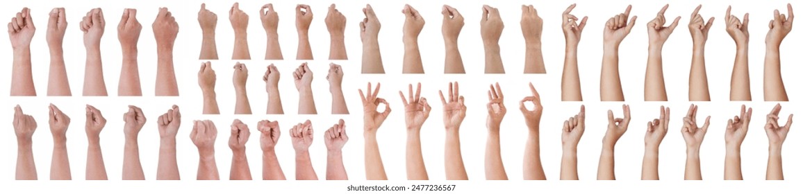 Group of Male asian hand gestures isolated over the white background. Hand Grab Thing with fingers Action .