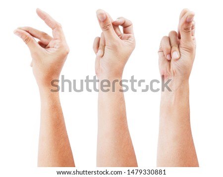 GROUP of Male asian hand gestures isolated over the white background. SNAP ACTON.