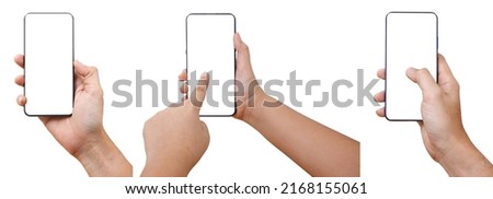 Group of Man Holding Smart phone . Cell phone in Man hand on a white background With white display for COPY SPACE.