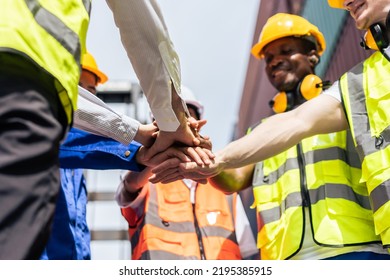 Group of man and woman worker put hand on each other in container port. Attractive young business woman and foreman feel happy after processes order success at warehouse logistic in cargo freight ship - Powered by Shutterstock