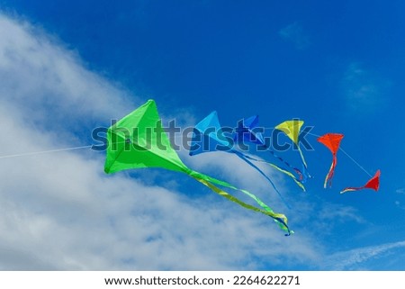 Group of many beautiful color kites fly on the string over blue sky with clouds