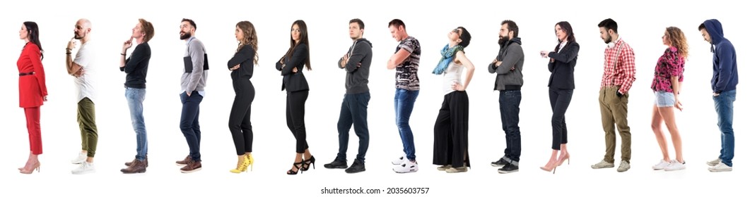 Group of many various casual or business people waiting in the line some calm others impatient. Full body length people isolated on white background