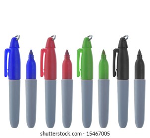 A group of markers of different colors ordered and aligned. Isolated on White. White space at the top.
