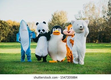 Group of mascots doing party. Concept about carnival, animals rights and lifestyle