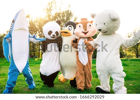 Group of mascots doing party. Concept about carnival, animals rights and lifestyle