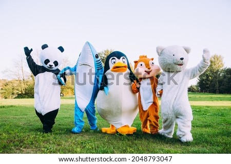 Group of mascots doing party. Concept about carnival, animals rights and lifestyle