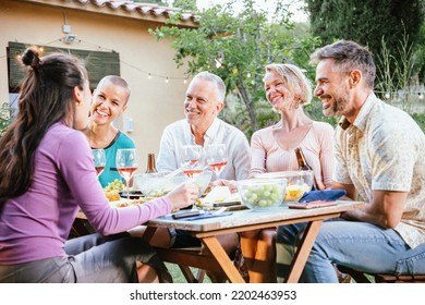 Group Of Mature Adult Friends Toasting His Wine Glasses And Beers And Having Fun In A Dinner Party At The Back Yard. Lifestyle Concept. High Quality Photo