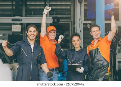 Group Of Mechanic Staff Car Service Team Worker People In Garage Happy Smile Hand Risign