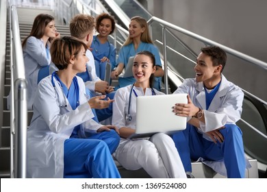 Group of medical students in college hallway